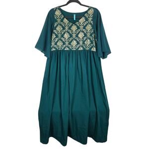 Janasya Green Gold Embroidered Maxi Dress XL Ethnic Edwardian Romantic Fairy NWT